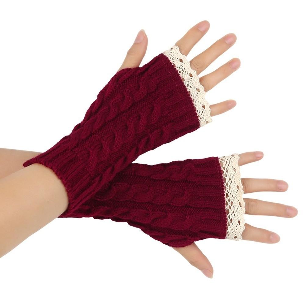 Lace Trim Fingerless Mittens Thicken Women Knitted Gloves Fashion Wrist Mittens  Writting Friendly