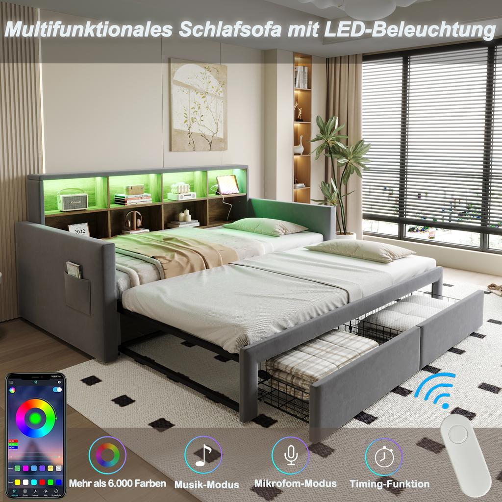 Pull-Out Upholstered Sofa Bed 90/180 X 190 Cm, Headboard with Storage, LED Strip, Charging Sockets, Two Drawers, Slatted Frame, Velvet Dark Grey