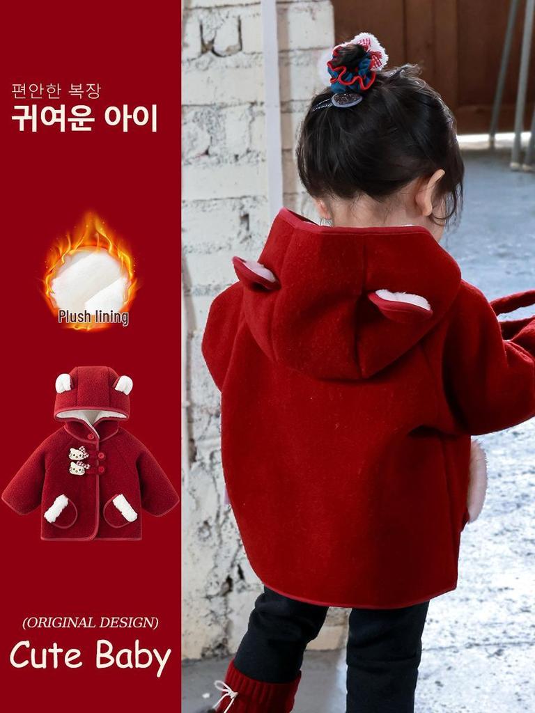 Girls' Fleece-Lined Hooded Jacket - Autumn/Winter 2025 Style, Thick Lambswool, Children's Winter Coat.