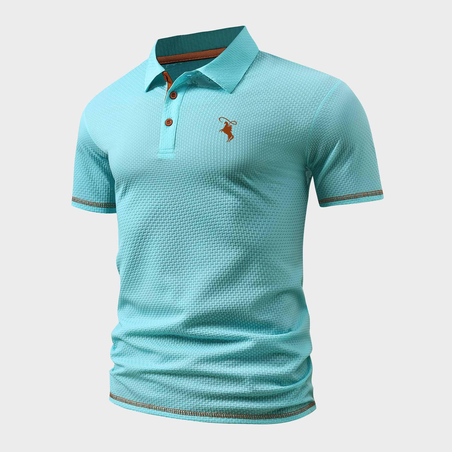 

Men s Slim-Fit Textured Knit Polo Shirt with Horse Rider Print, Casual Business Style L синий