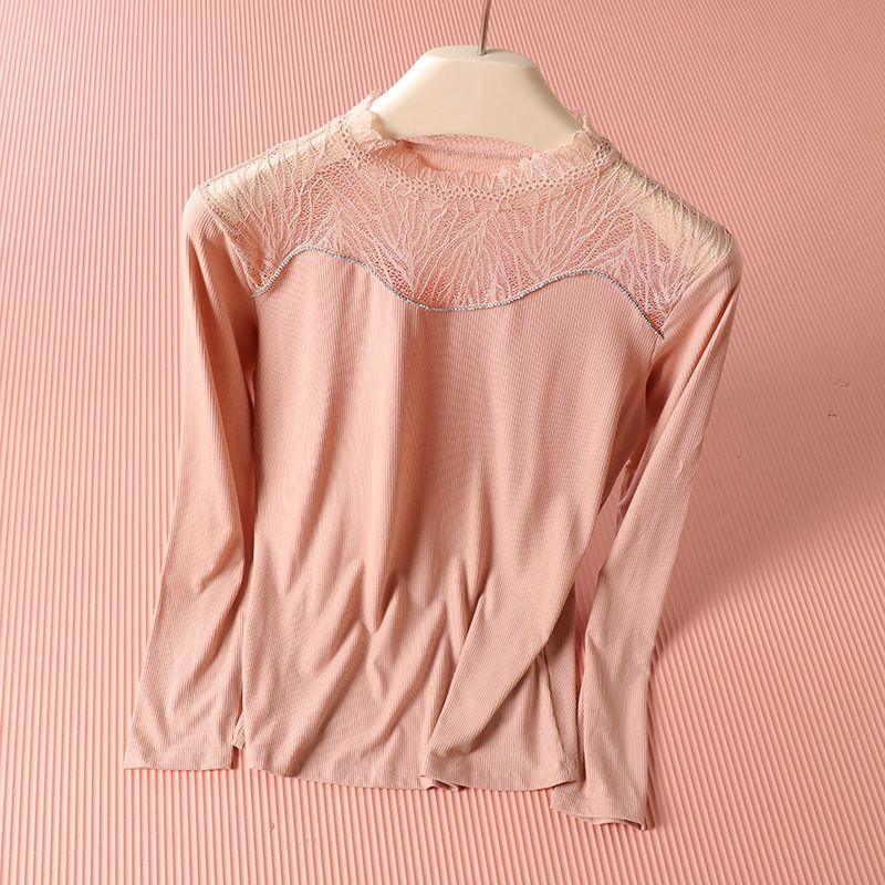 

Блузка на французской кружевной основе для женщин, с длинными рукавами, модный дизайн, сетчатая вставка, внутренний топ S розовый