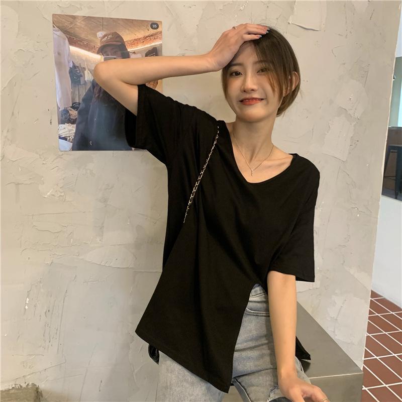 Split V-Neck Short Sleeve T-Shirt Women's Summer New Design Sense Clavicle Chic Loose Student Upper Clothes Women