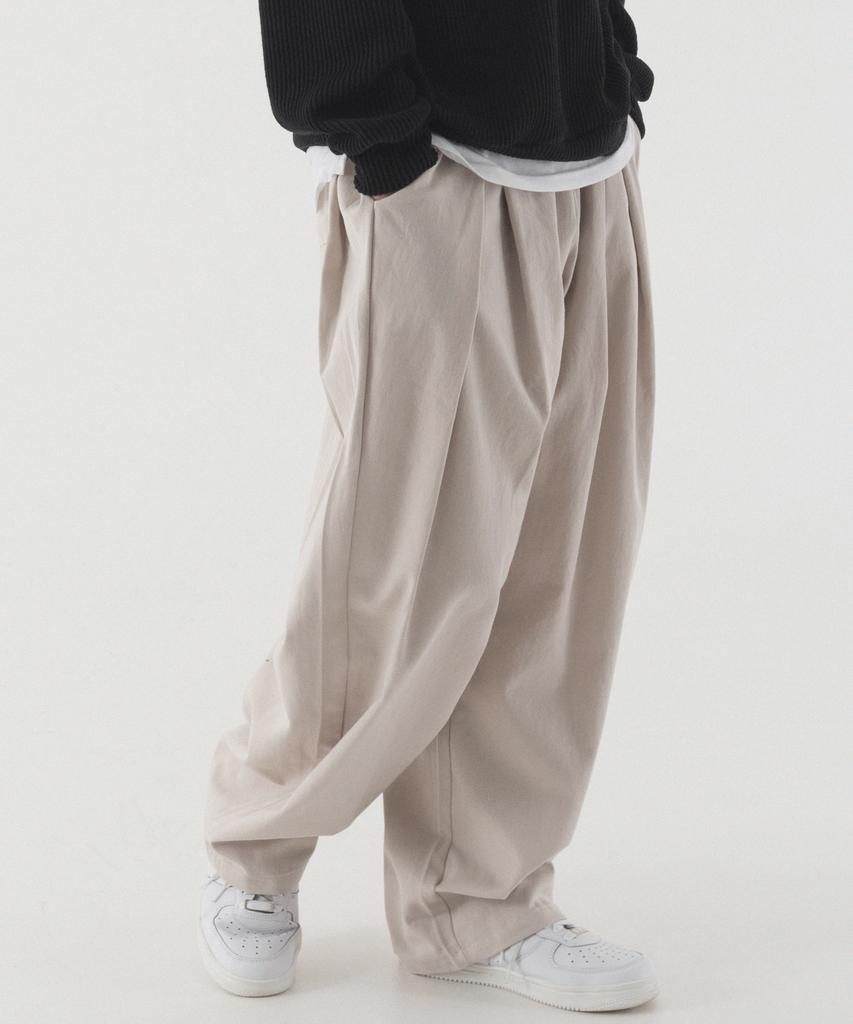 PIANER Pleated Wide Elastic Cotton Pants (Light Beige)