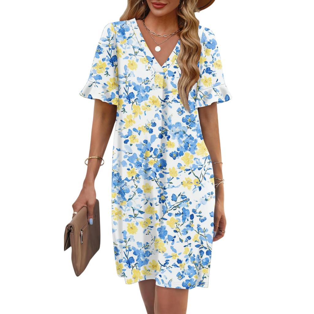 Women's Summer Floral Print Dress Pleated Short Sleeve V-Neck Pocket Casual Dress