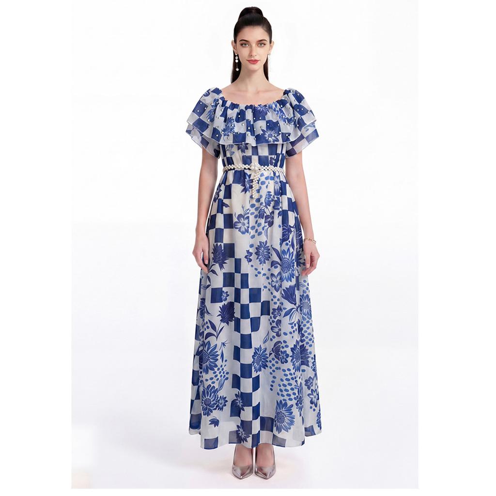 Blue Plaid Print Chiffon Vacation Summer Dress Female Sexy Off Shoulder Short Sleeve A-line Slim Bohemian Holiday Maxi Dress with Belt