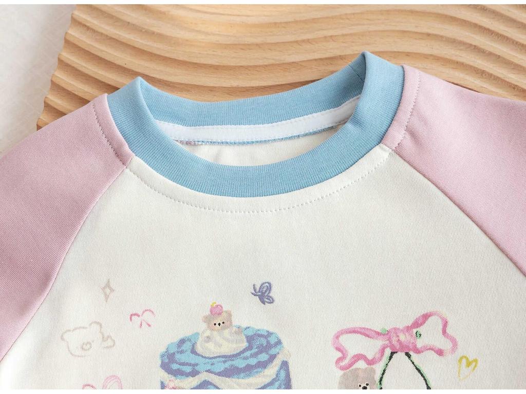 Koreańska Jesienna Koszulka z Długim Rękawem dla Dziewczynek: Uroczy, Blok Kolorów, Wszechstronny Nadruk