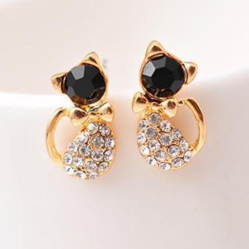 Jewelry: Cat-shaped Stud Earrings with Rhinestones