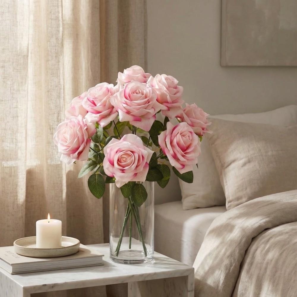 9 Head Artificial Rose Flower Green Leaves Faux Rose Flower Branch  Home Living Room Decor