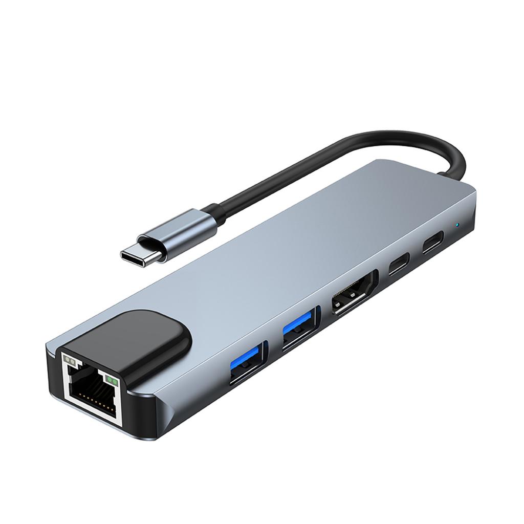 6 In 1 TYPE-C To HDMI+USB3.0+2.0+RJ45 100M+PD+Data Interface Hub Adapter Dock