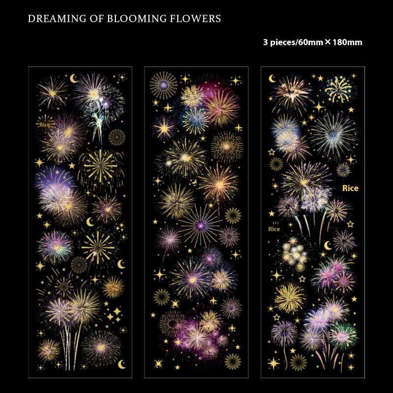 

Decorative Flat PET Stickers, DIY Labels, Fireworks Design, 3/12 Sheets, Adhesive Scrapbook and Album Decals.