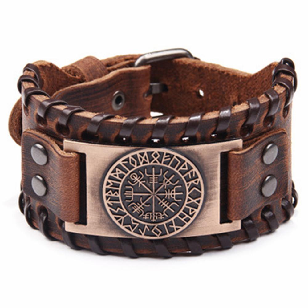 Viking Snowflake Bracelet for Men Nordic Vegvisir Compass Leather Bangle with Runes Stylish Viking Jewelry