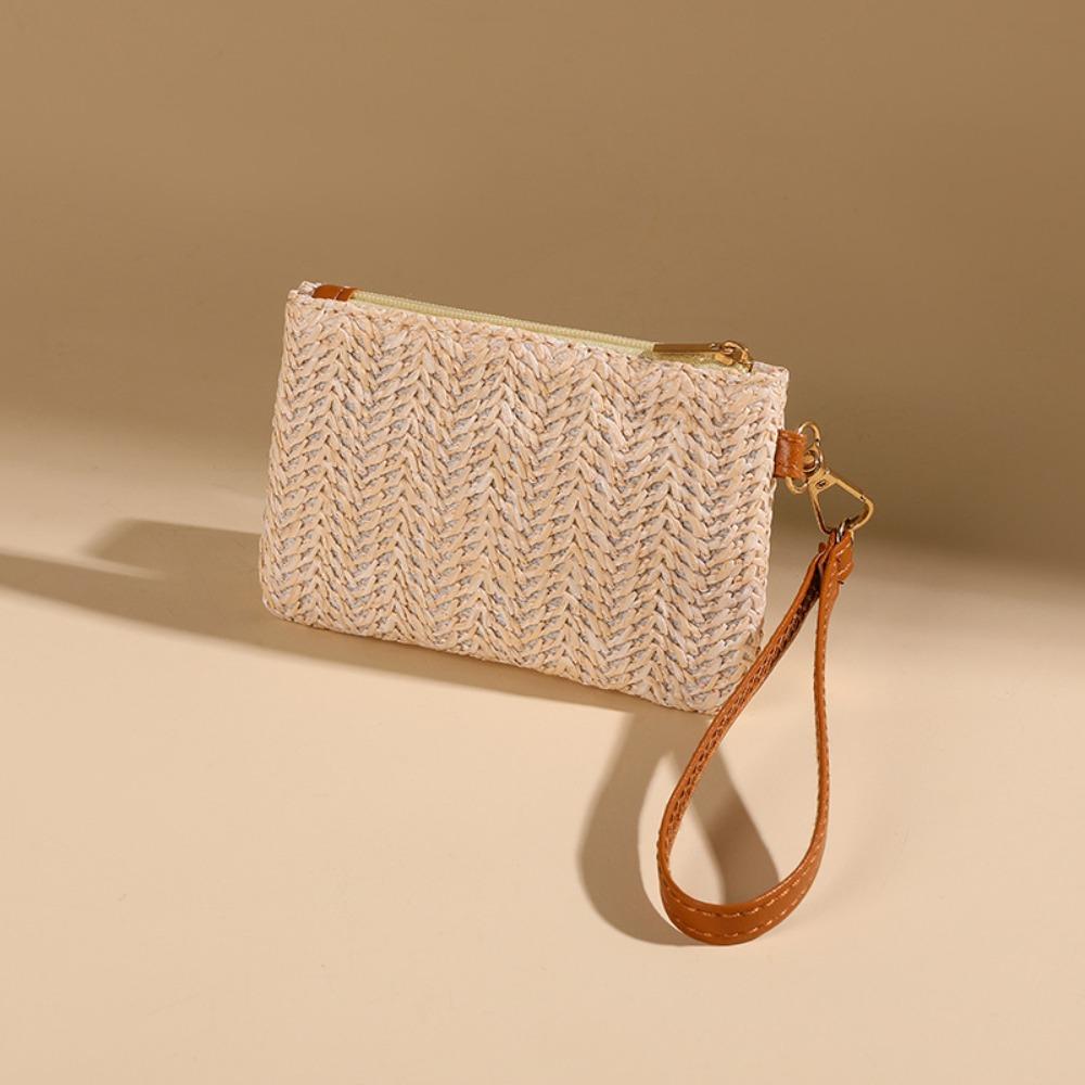 Casual Wristlet Clutch Weaving Bag Solid Straw Lightweight Beach Wallet Coin Purse