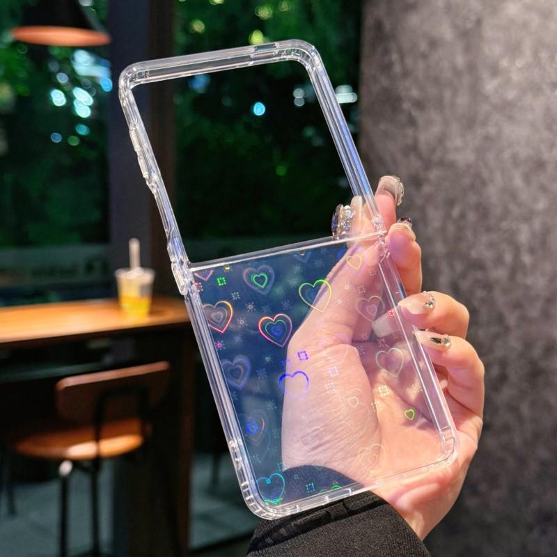 Holographic Laser Love Heart Clear Phone Case For Samsung Galaxy Z Flip 7 FE 6 5 4 3 Hard Clear Cover For Samsung Z Flip7 Flip6