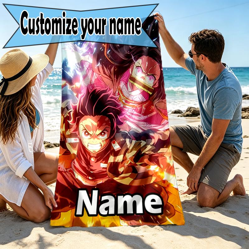 Custom Name Personalized Demon Slayer Print Beach Towel, for Trip Camping Beach Party Home Decor, Birthday Gift for Family & Friends