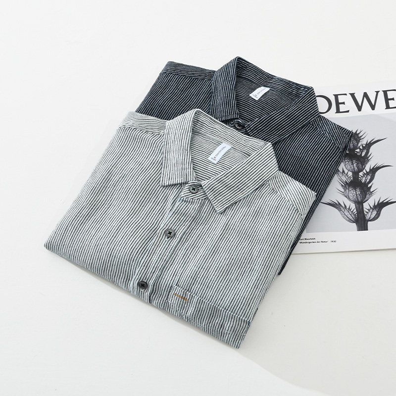 Men's Striped Cotton-Linen Shirt, Spring and Autumn Casual Comfortable Turn-Down Collar Loose Linen Long-Sleeve Versatile Shirt