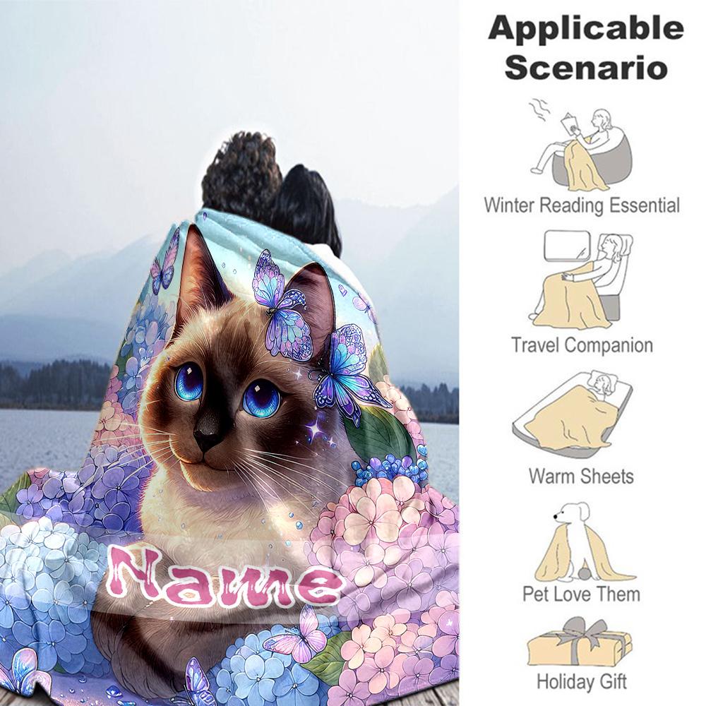 Siamese Cat Personalized Text Blanket Multi-purpose Customizable Blanket Warmthful Decor for Livingroom Seaside Sofa Chair Four Seasons Multipurpose