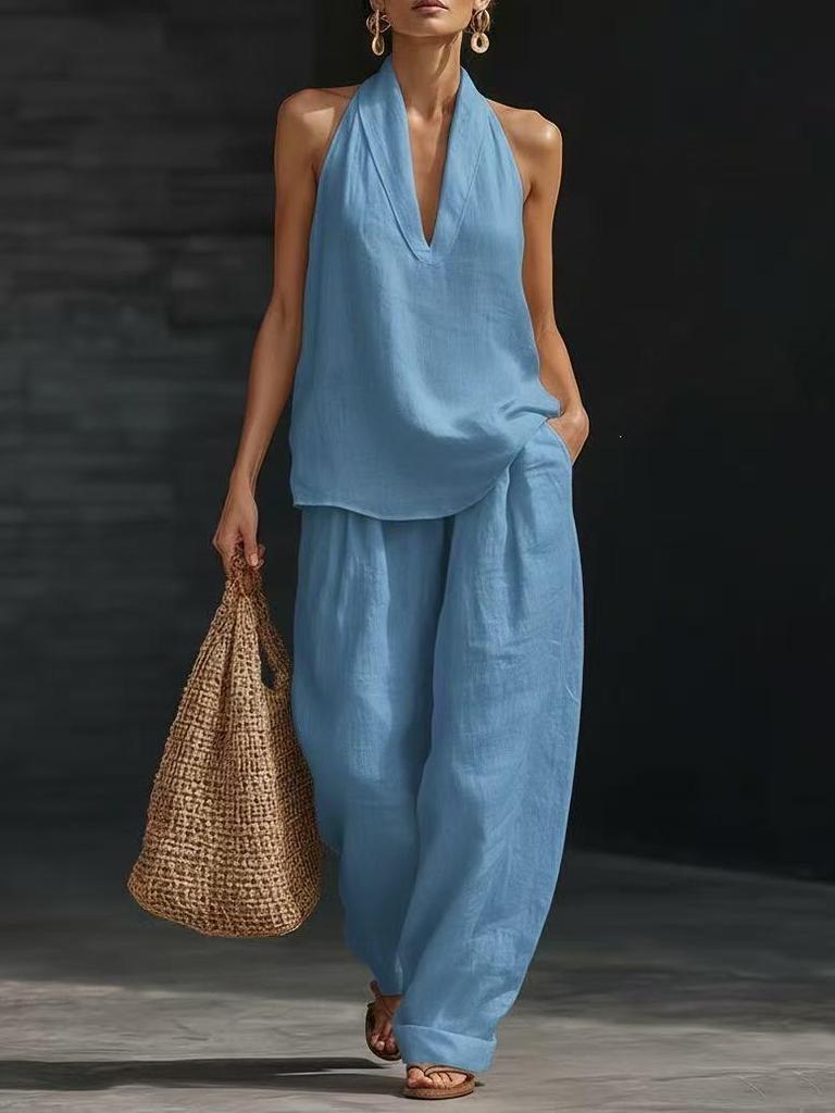 In Stock Women's Halter V-Neck Sleeveless Casual Fashion Set