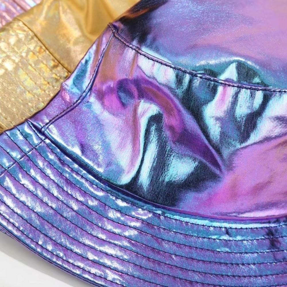 Leather Luminous Bucket Hat Wide Brim Solid Color Laser Rainbow Fisherman Hat Gold Silver Shiny Sun Cap Stage Performances