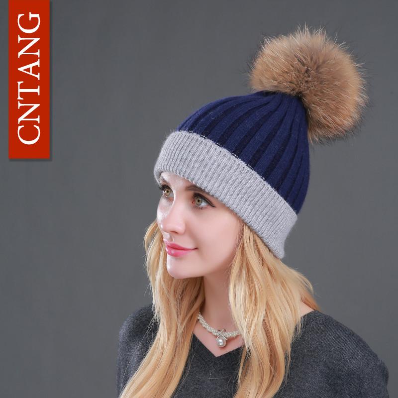 Classic Multiple Styles Women Beanie Winter Warm Fashion Raccoon Fur Pompom Hats Knitted Wool Cap Clearance Cheap High Quality