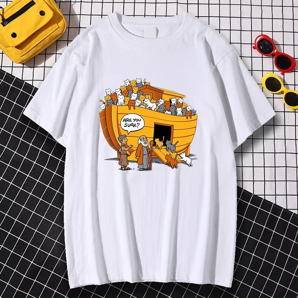 Cartoon Style Noah'S Ark Cat Graphic Tshirts Ladies Kawaii Clothing Women Men Fashion Retro Streetwear Summer Oversized T Shirt