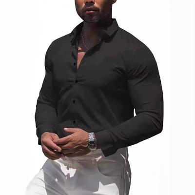 Men's Slim Fit Long Sleeve Stretch Shirt - Solid Color, Business Casual