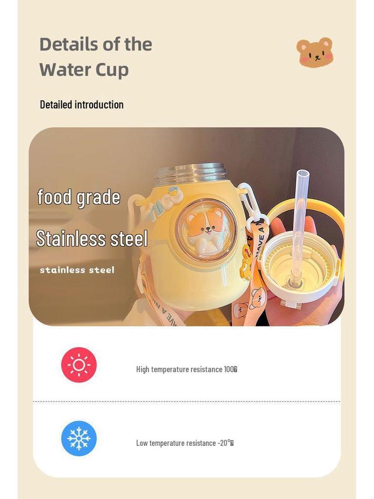 Adorable Pet-Inspired Girls' Thermos Cup - 316 Stainless Steel, Large Capacity, with Straw