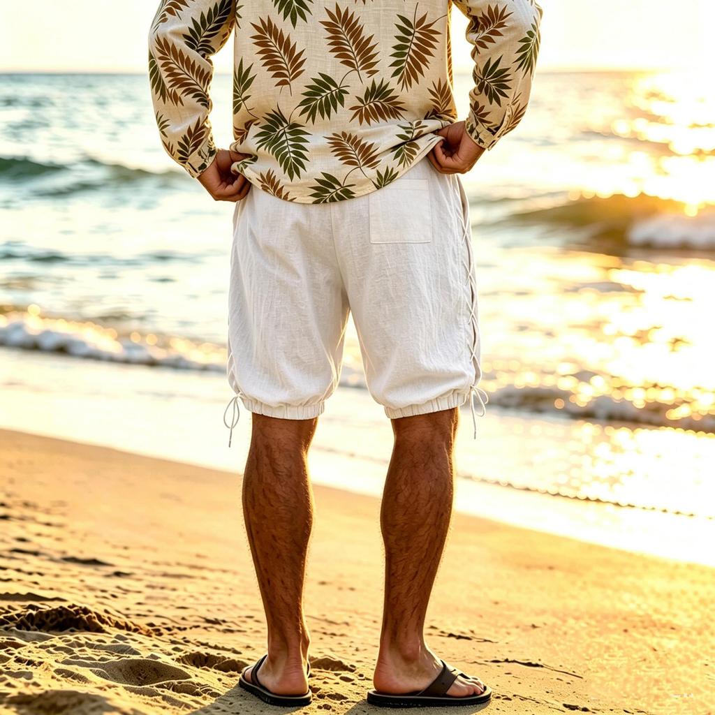 Men's Linen Casual Shorts Side Drawstring Cotton Linen Breathable Beach Pants Summer Lightweight Loose Fit Straight Leg