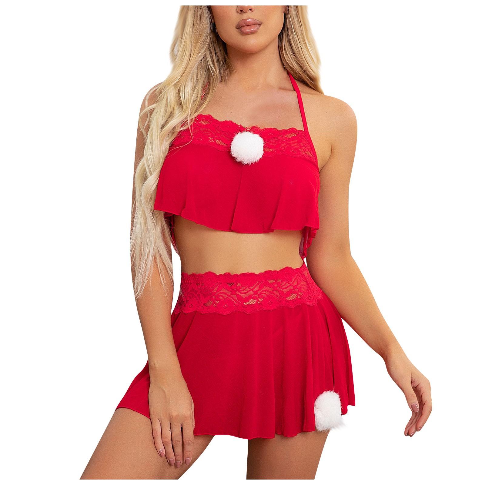 

Women Christmas Lingerie Lace Underwear Split Backless Sleepwear Babydoll Pajamas 6 красный
