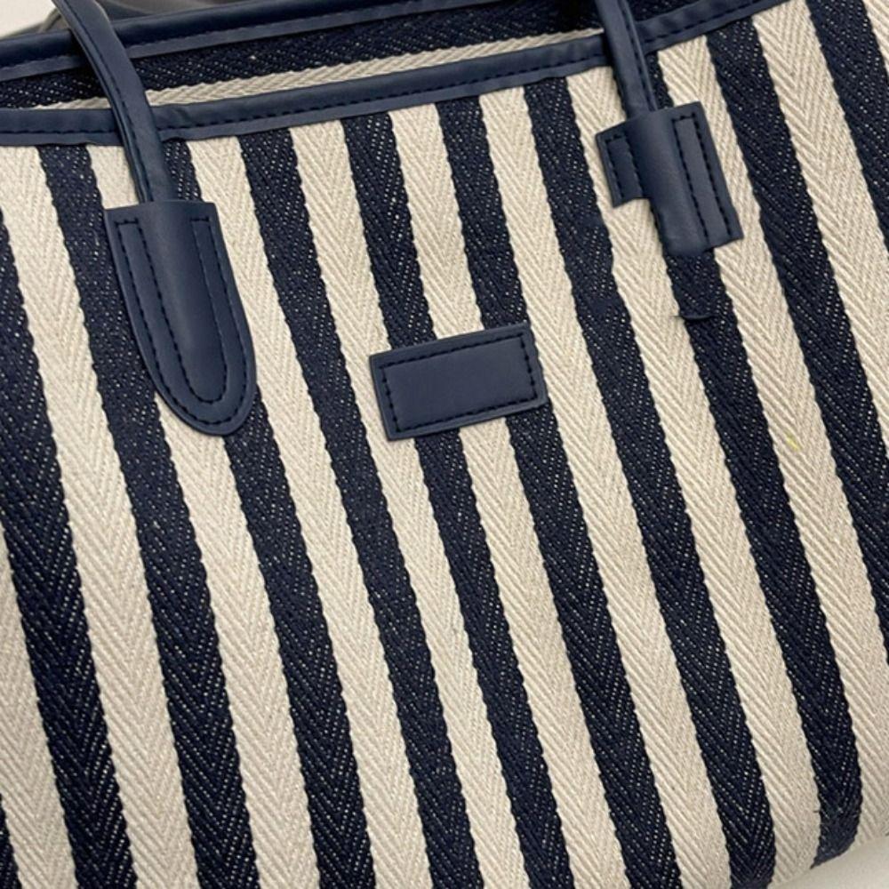 Korean Style Shoulder Bag Zipper Shopping Handbag Simple Stripe Canvas Tote Bag  Women