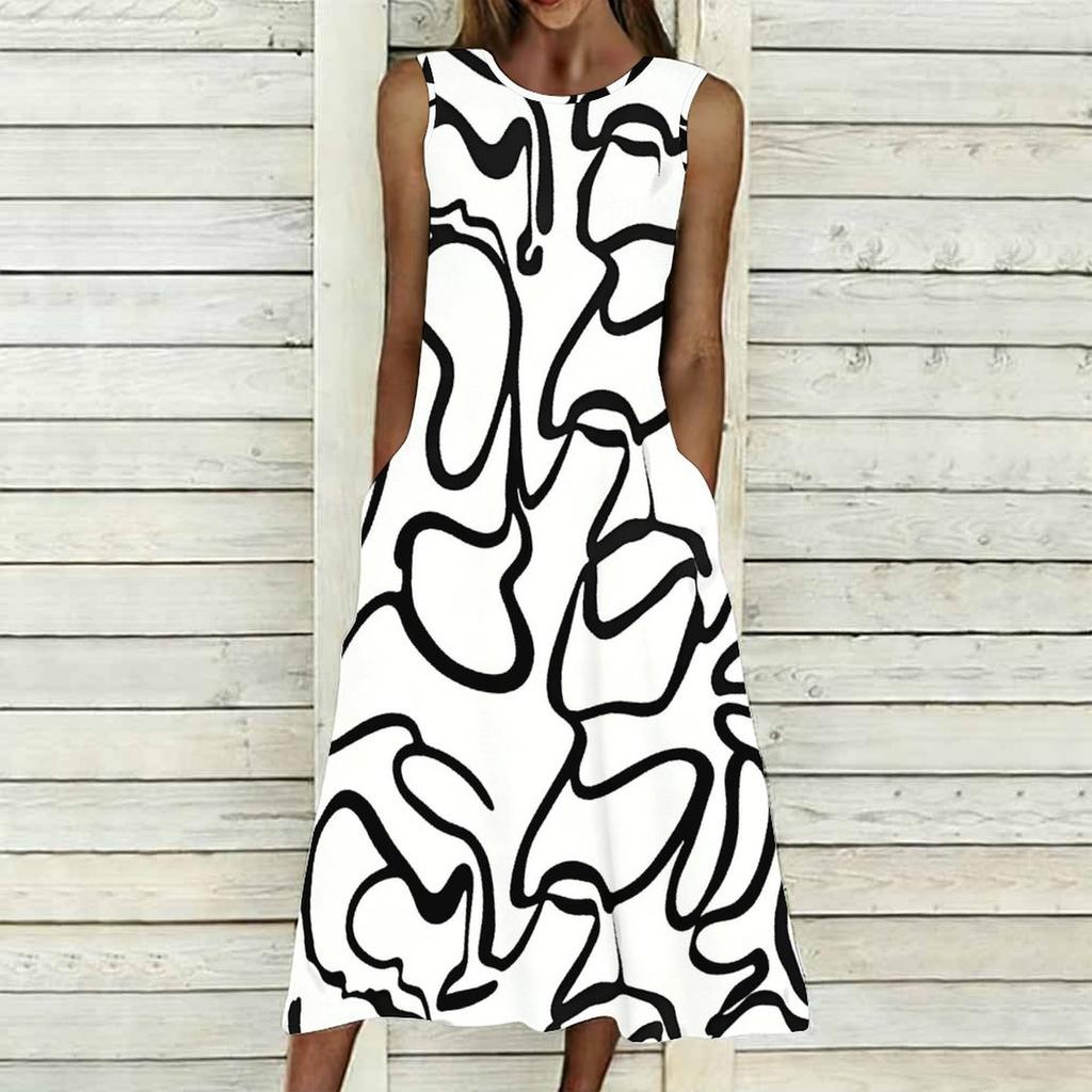 Plus Size Women Sleeveless Round Neck Dress Vivid Tropical Plant Printed Flowy Mid Calf Gown
