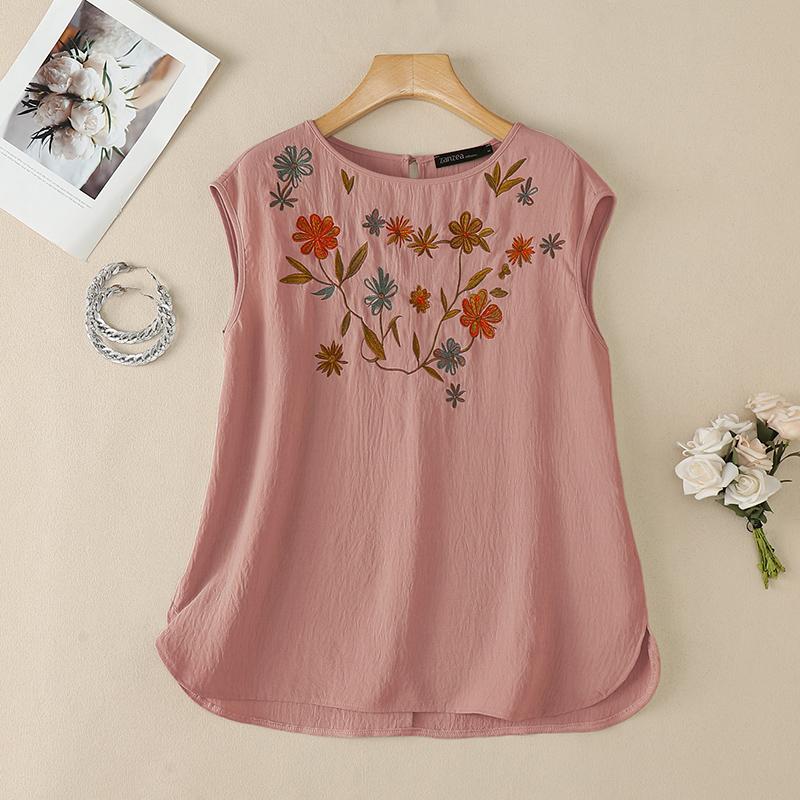 ZANZEA Women Casual Round Neck Floral Print Loose Sleeveless Tank Tops