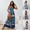 Summer Women's Positioning Print V-neck Suspender Wide Leg Jumpsuit With Belt, European American Style Casual Romper For Women