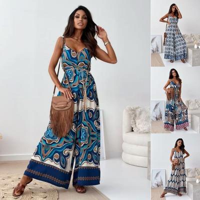 Summer Women's Printed V Neck Sleeveless Wide Leg Jumpsuit With Belt, Casual Vacation Romper For Women European American Style