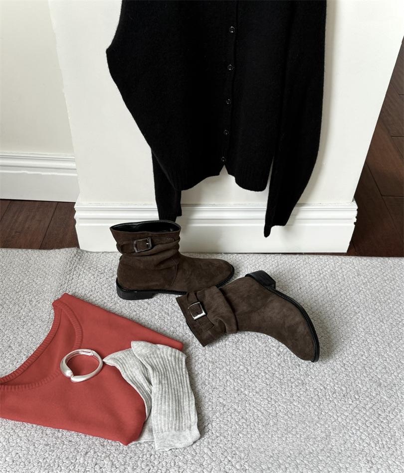 

~ Design niche western cowboy boots round head wide tube folded flat bottom belt buckle short boots women s knight boots 39