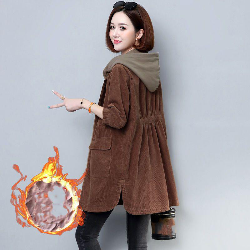 

Вельветовая куртка с капюшоном Женская Осенняя Свободная Ветровка Повседневная на молнии Длинная Верхняя одежда Зимняя XXL кофейный