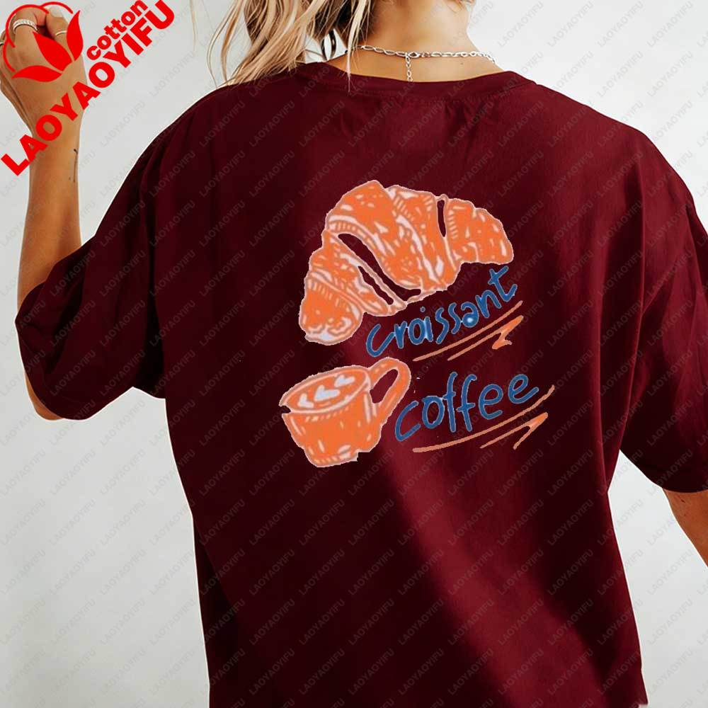 Womens Casual TShirt Croissant Coffee Print Short Sleeve Cute Food Graphic Cotton Tops Fit Streetwear Blouse for Daily Wear
