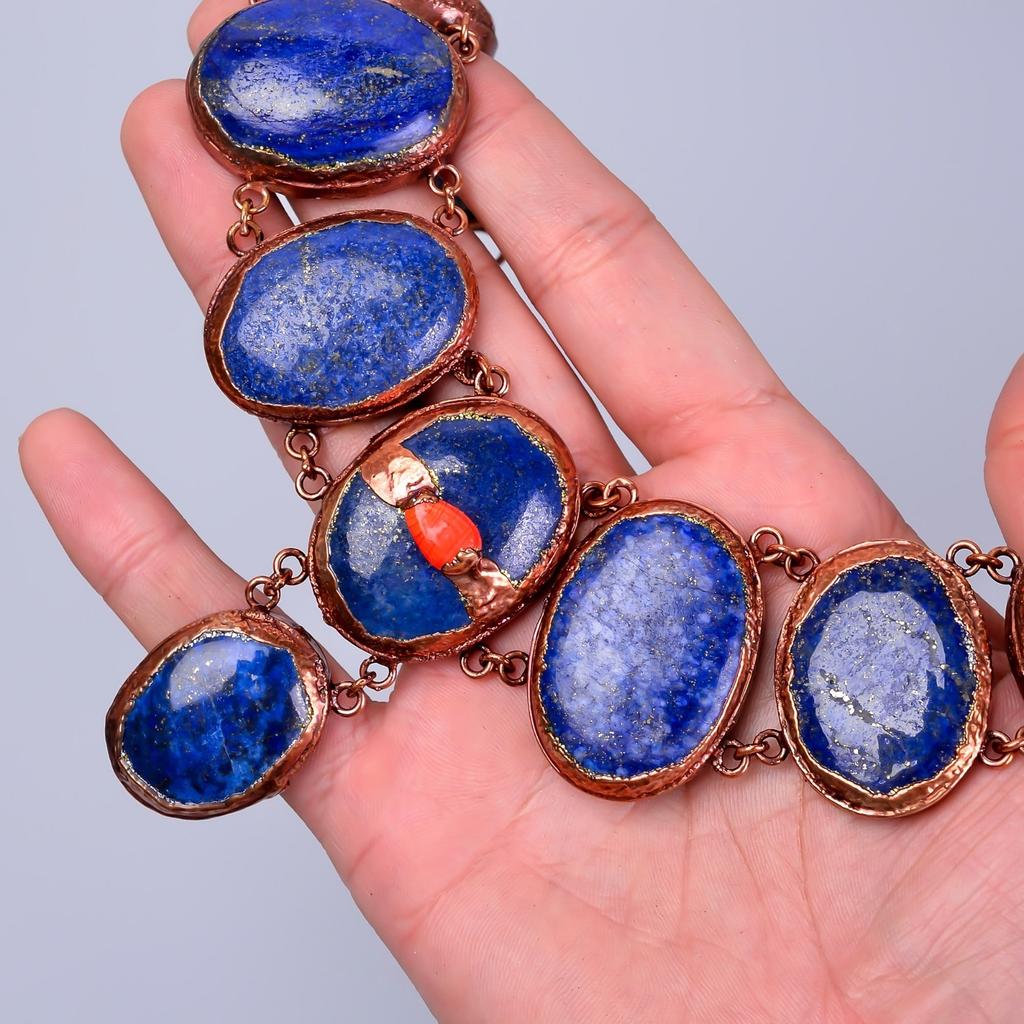 Oval Natural Lapis Lazuli Copper Unique Electroformed New Chain Necklace Jewelry V-82