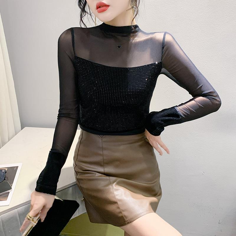 

Европейский осенний бархатный топ с длинным рукавом и сеткой, с высоким воротником для женщин 3XL чёрный