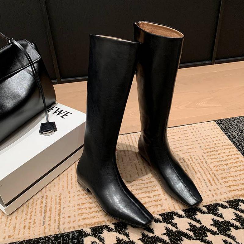 New women's leather boots cowhide high boots medium heel versatile square head zipper autumn and winter genuine leather rubber sole Martin boots
