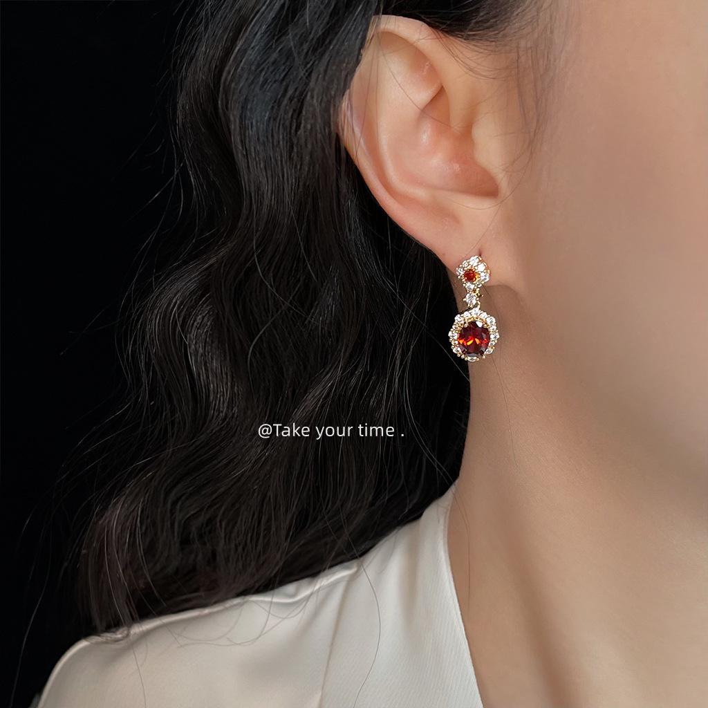 Vintage Zircon Red Court Style 925 Silver Earrings with 14K Gold Plating