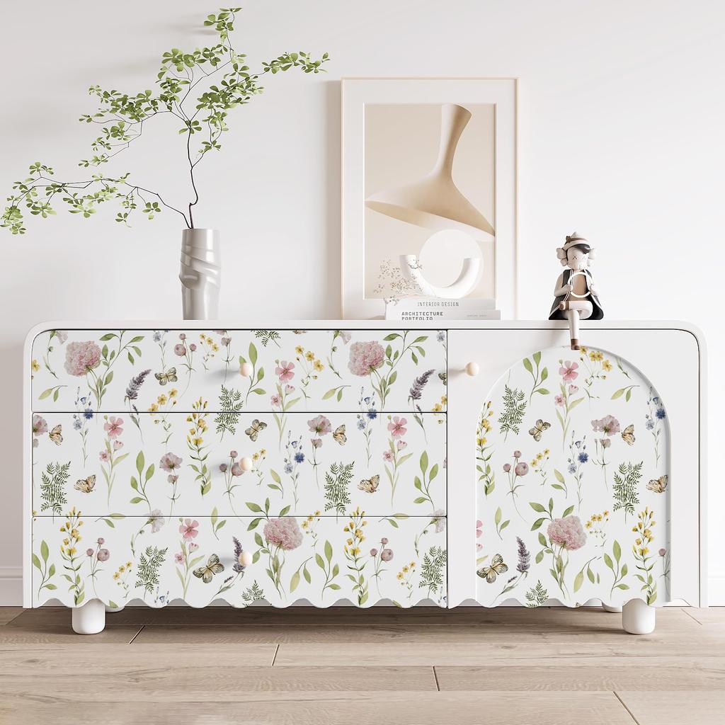 VEELIKE Floral Wallpaper Stickers, Remake Sheet, Wallpaper Cloth, Renovation Sheet, Cutting Sheet, Wall Sticker, 44.5 x 300cm, White, Various Floral