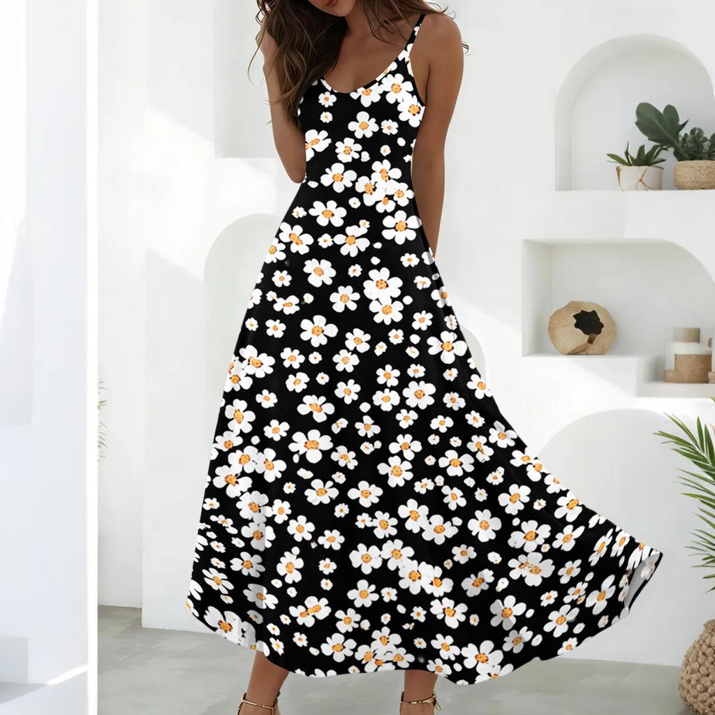 Women’s Sleeveless V Neck Maxi Dress Summer Geometric Floral Print Loose Fit Long Dress with Adjustable Straps