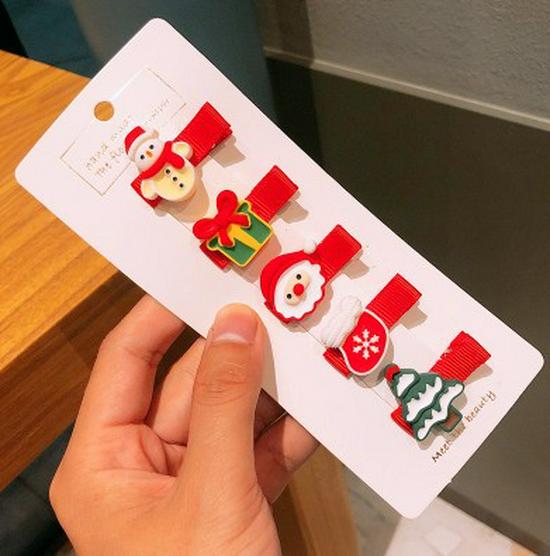 2022 Christmas Holiday Hair Accessories Set: Red Rubber Band, Resin Acrylic Side Clip, Baby Bangs Clip