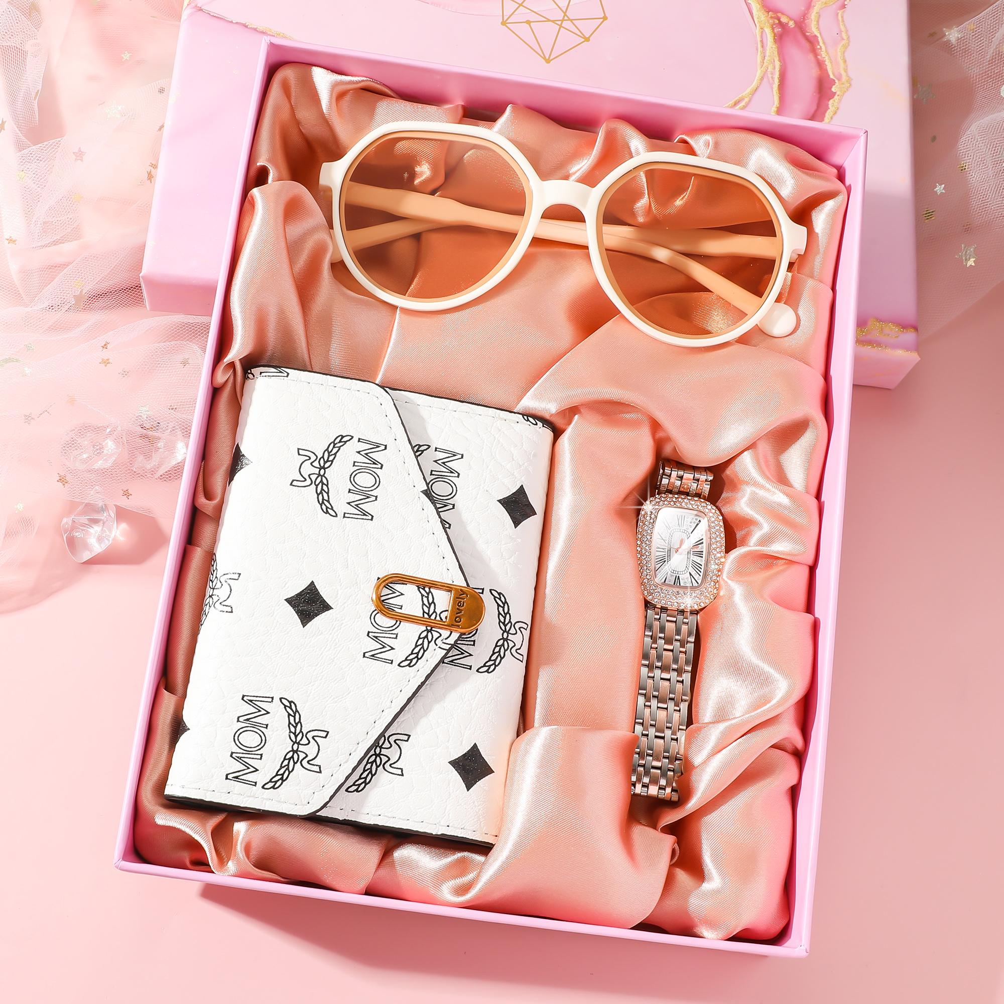 

Новый овальный кулон с бриллиантами, повседневные кварцевые наручные часы, солнцезащитные очки, кошелек, подарочный набор из 3 предметов разноцветный