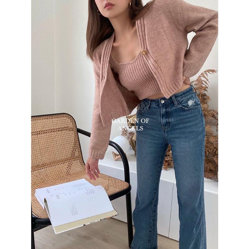 Pit Strip and Waist Knitted Sweater Cardigan Suspender Plain Color Sweet Spicy Style High-end Short Loose Autumn and Winter