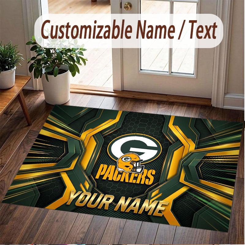 Custom Rug Green Bay Packers Pattern Print Name Text Soft Non‑Slip Floor Carpet for Home Indoor Decoration