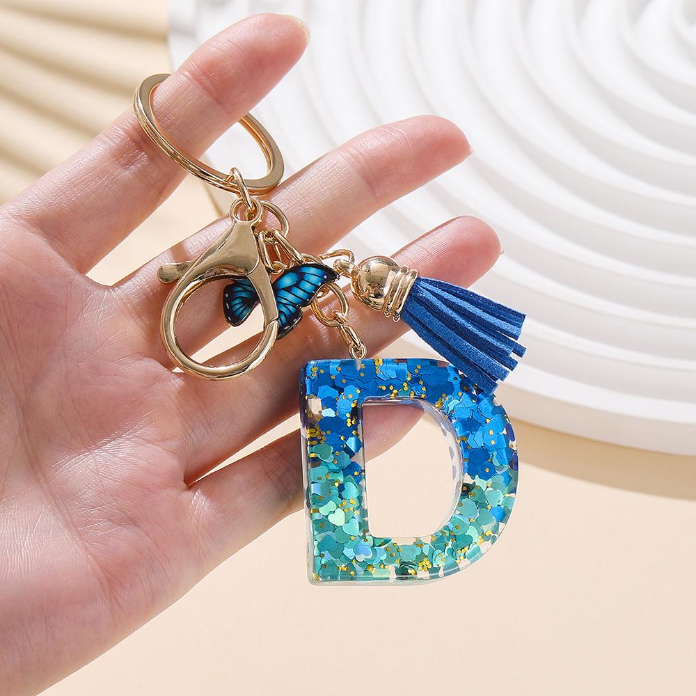1pc Alloy Alphabet Initial Keychain Royal Blue Butterfly & Tassel Letter Keychain for Backpack Charm Accessory Key Ring Findings