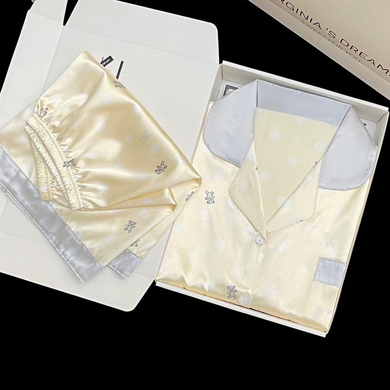 Fresh Cute Cartoon Bear Print Women's Short Pajamas Summer Female Homewear Simulated Silk Two-piece Lounges