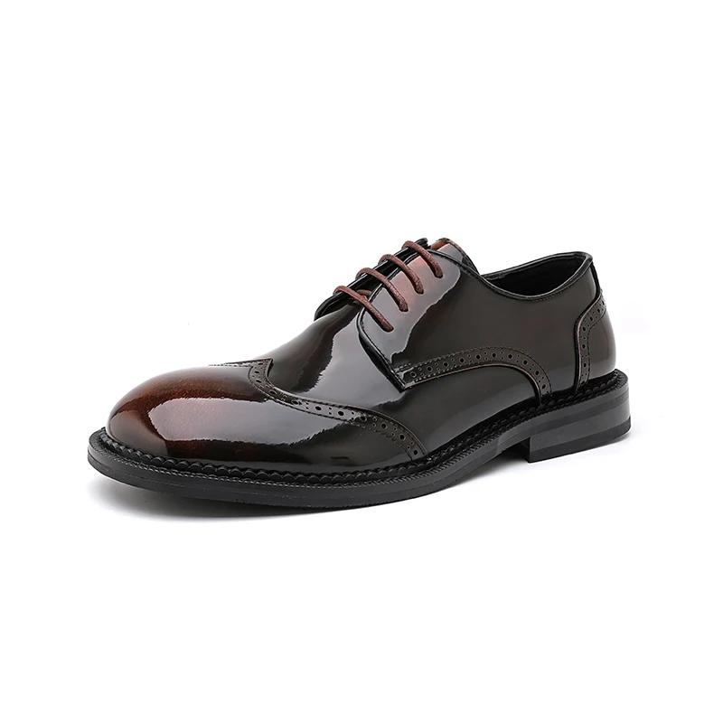 

2026New Mens Genuine Leather Lace-up Tooling Shoes British Style Business Casual Slip Resistant Office Derby Shoes Comfy Loafers 38 коричневый