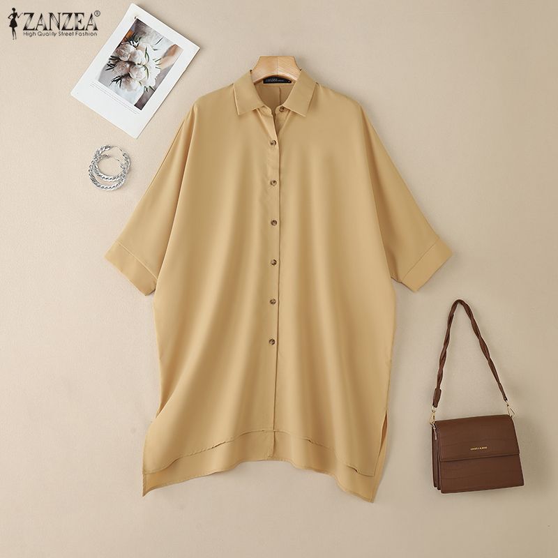ZANZEA Women Turn Down Collar Loose Casual Long Sleeve Plain Blouse